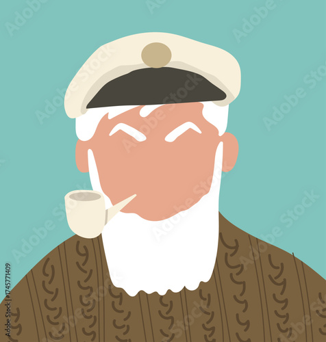 An elderly nautical man wearing a cap, a tobacco pipe, and a sweater. Hand-drawn vector illustration.