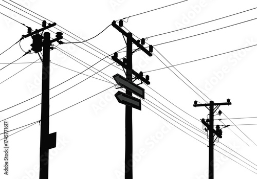 Silhouette utility poles, street sign detail, power line network, electricity distribution, urban infrastructure, voltage grid, overhead wires, black outline, energy system