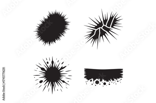 Abstract black ink splatter and brush stroke designs on white background