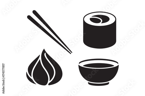 Simple black icons representing sushi meal elements