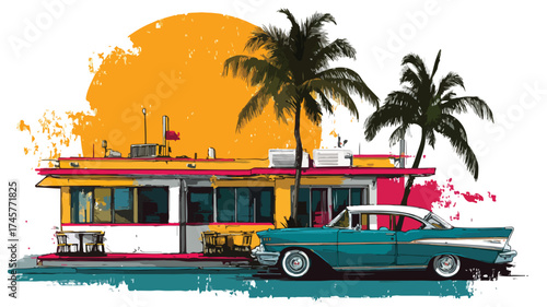 Vintage Diner Sunset Scene with Classic Car at 50s - Retro Automobile