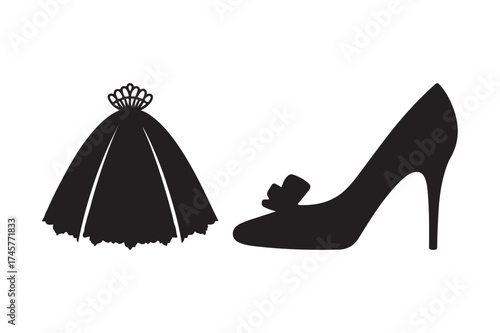 Silhouette of a wedding dress and high heel shoe with a crown