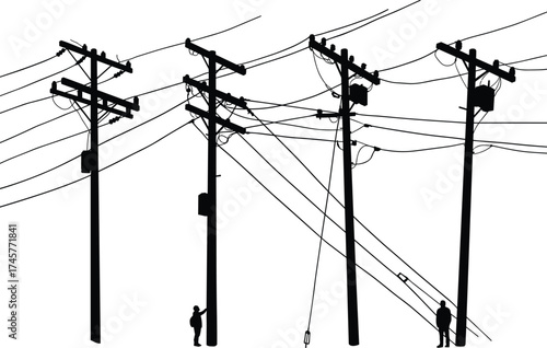 Silhouette utility poles, tangled wires, electrical workers scene, power line maintenance, electricity 