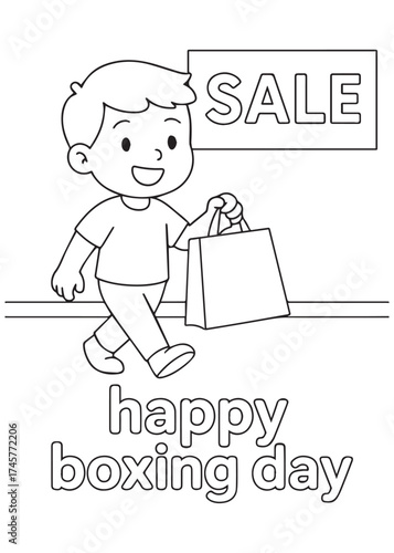 coloring book boy walking with shopping bag on boxing day sale