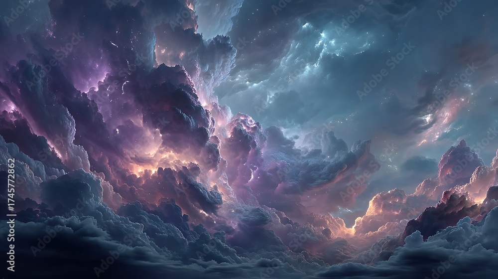 Fototapeta premium Celestial purple lightning sky high resolution image