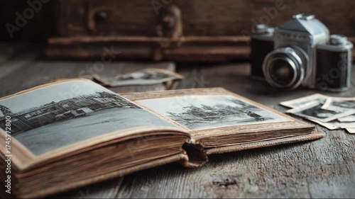 Vintage photo album open on wooden table with retro camera nearby  
