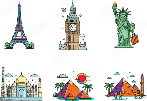 Colorful cartoon world landmarks including Eiffel Tower, Big Ben, Statue of Liberty, Taj Mahal, Pyramids, cultural travel icons, famous architecture illustrations