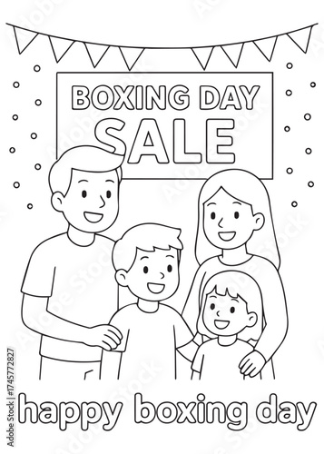 coloring book family smiling under boxing day sale banner
