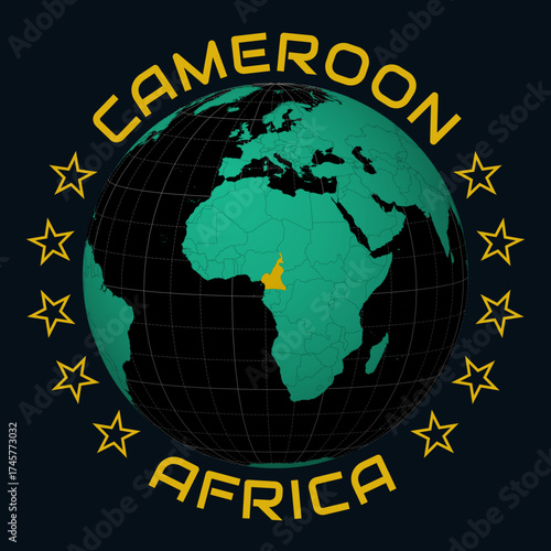 Republic of Cameroon on Globe. Round country and continent name text. Country view on world map in Black Emerald color palette. Cameroon shape on map. Modern vector illustration.