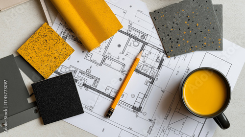 Top-view interior moodboard with textures, sketches, cup of coffee  and design samples. A clean and modern composition ideal for architectural, furniture, or home decor stock use