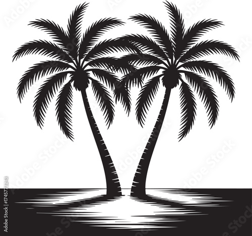 Black Silhouette of Two Palm Trees on Tropical Island.