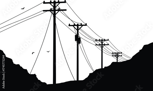 Silhouette utility poles, valley landscape, power line network, electricity transmission, rural infrastructure, energy grid, black outline, long distance distribution