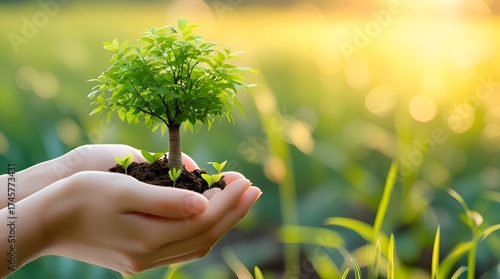 environment Earth Day In the hands of trees growing seedlings. Bokeh green Background Female hand holding tree on nature field grass Forest conservation concept 