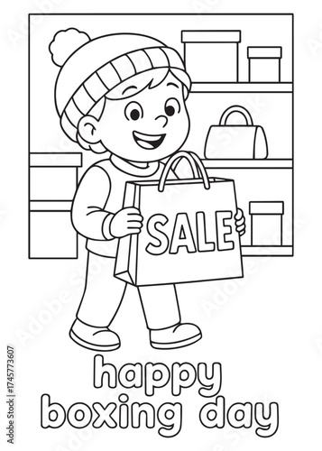 coloring book boy holding shopping bag with sale sign on boxing day