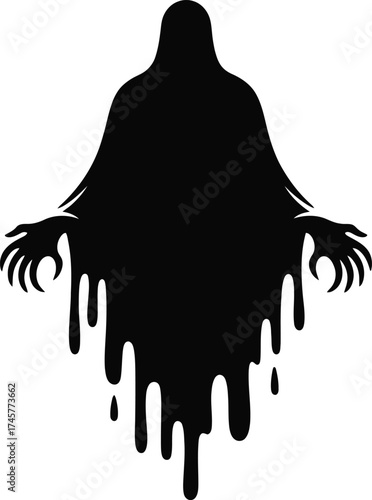 Eerie black hooded figure with dripping effect on transparent background silhouette