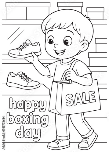 coloring book boy smiling holding shoes and sale bag on boxing day