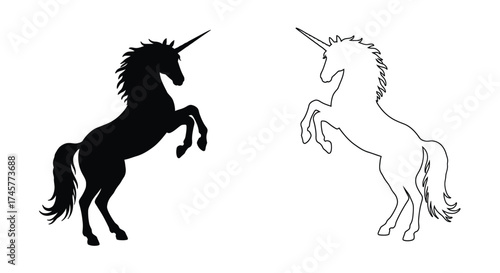 Two unicorns presented in black silhouette and white line art styles