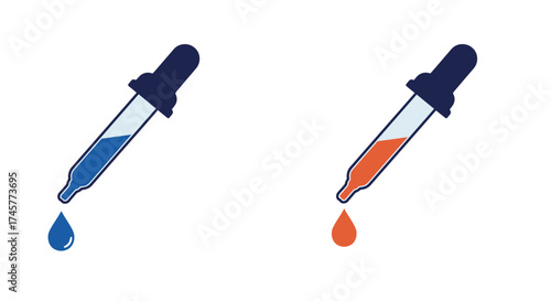 Two glass pipettes with blue and orange liquid drops shown clearly