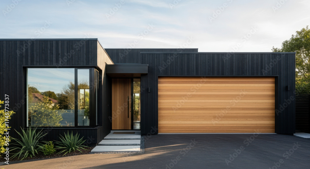 Fototapeta premium Modern Black Wood Clad House with Natural Wood Garage Door and Large Window
