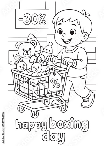 coloring book boy pushing cart full of teddy bears with 30% discount on boxing day