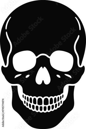 Detailed black skull graphic design element on transparent background silhouette