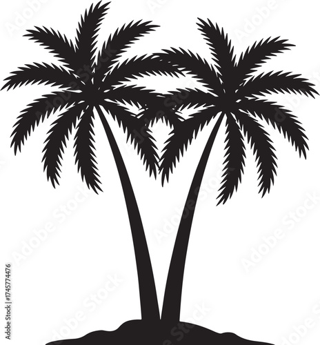 Black Silhouette of Two Palm Trees on Tropical Island.