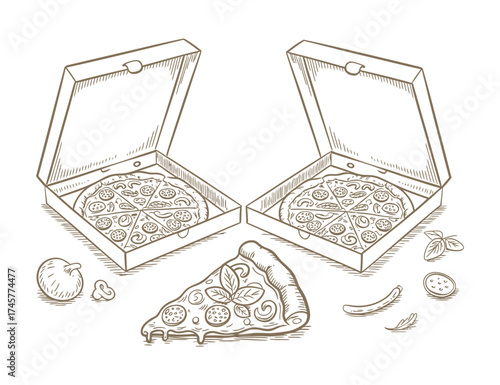 Pizza boxes and slice design for cafe or restaurant with pizza sketch drawing