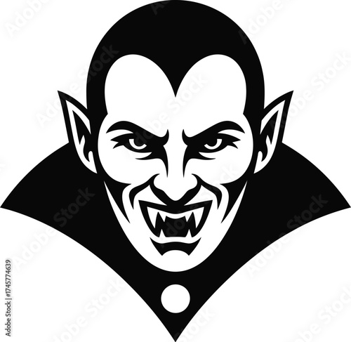 Intense vampire head illustration in black and white on transparent background silhouette