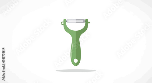 A green handled vegetable peeler with a sharp metal blade.