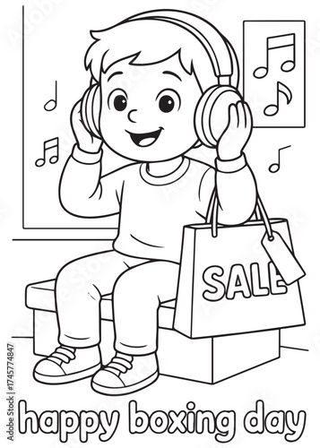 coloring book boy listening music with headphones and sale bag on boxing day