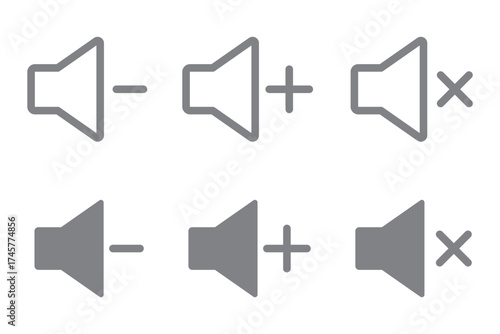 Vector black sound flat icons set. A set of speaker volume icons in solid and outline styles, showing sound on and sound off variations. Audio Speaker Volume Icons. EPS 10. 