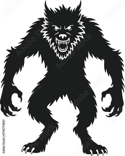 Fierce werewolf illustration with detailed fur and claws on transparent background silhouette