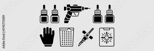 Vector icon sheet of tattoo tools with ink and needle – Great for tattoo gear illustration, studio branding, or creative design packs