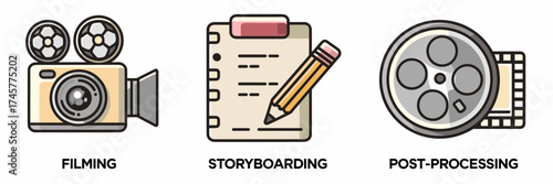 Vector icon sheet of camera, storyboard, and film reel – Great for filmmaking infographics, creative tools, or video production content