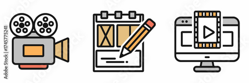 Vector icon sheet of filmmaking stages – Perfect for media production visuals, creative workflow infographics, or studio branding