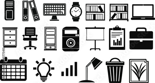 Collection of Black and White Icons Representing Office and Business Items Keywords: office supplies, business icons, stationery
