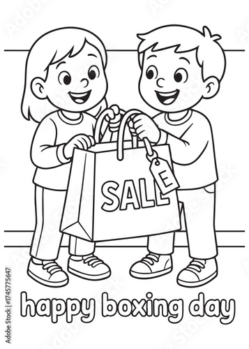 coloring book boy and girl holding shopping bag together on boxing day