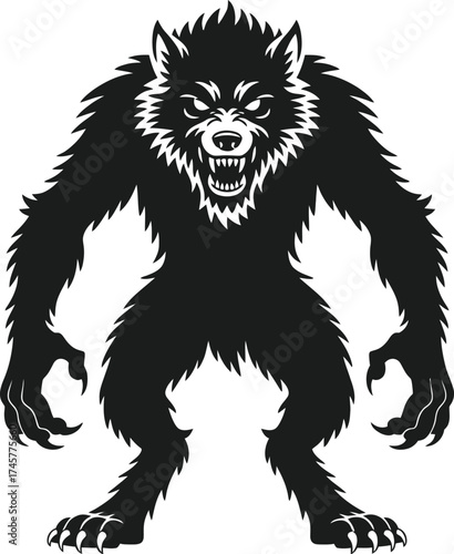 Fierce werewolf illustration in black detailed and dramatic on transparent background silhouette