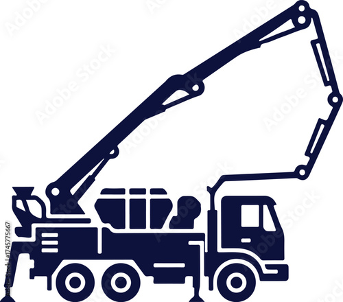 Dark Blue Silhouette of a Concrete Pump Truck on a White Background Keywords: concrete pump truck, construction vehicle, heavy
