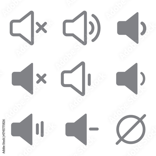 Sound off and on icon, an icon that increases and reduces the sound. Icon showing the mute. A set of sound icons with different Sound signal levels in a flat style. EPS 10