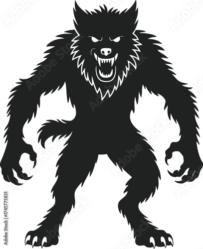 Fierce werewolf illustration with sharp claws and teeth on transparent background silhouette