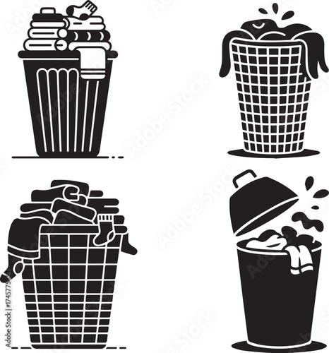 Laundry Basket Silhouette Icons – Dirty Clothes and Washing Bin Vector Design