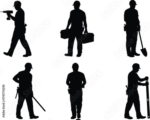 Construction worker silhouettes, power drill, toolbox, shovel, crowbar, spirit level, building tools, manual labor, industry job, repair, installation, construction site, posture