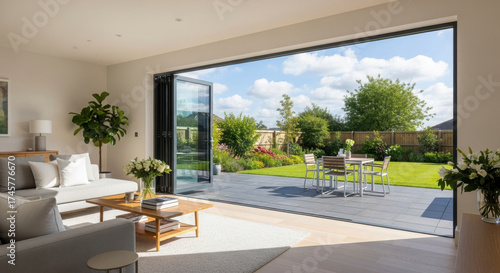 Modern Living Room Opens Onto Sunny Garden Patio with Outdoor Dining Area