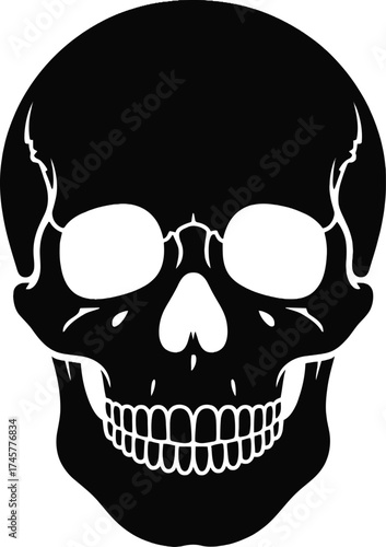 Detailed black skull illustration with visible teeth on transparent background silhouette