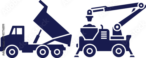 Two Dark Blue Truck Silhouettes One Tipper Truck and One Crane Truck dump truck construction