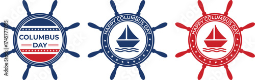 Set of Columbus Day vector emblems with ships helm and sailboat design.