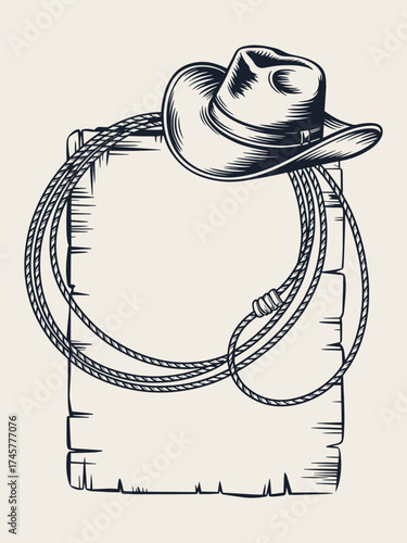 Western Black and White Hand-Drawn Poster Frame with Cowboy Hat, Lasso Rope, Stars, Parchment Texture, Vector Line Art isolated on White Background