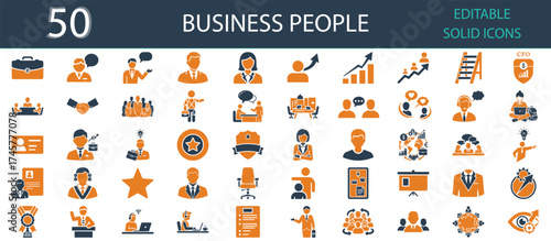 Business people solid fill icons set of 50. Team, leader, employee, communication, manager, office work, collaboration, HR, success, and partnership. Editable glyph icon collection for business manage
