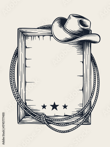 Western Black and White Hand-Drawn Poster Frame with Cowboy Hat, Lasso Rope, Stars, Parchment Texture, Vector Line Art isolated on White Background